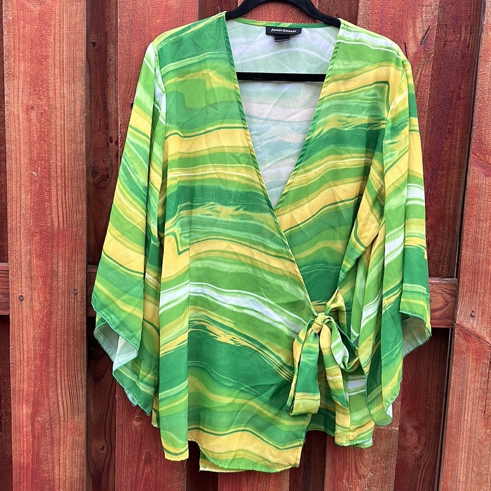 Ashley Stewart Green Marble Print Chiffon Kimono Sleeve Wrap Blouse 14